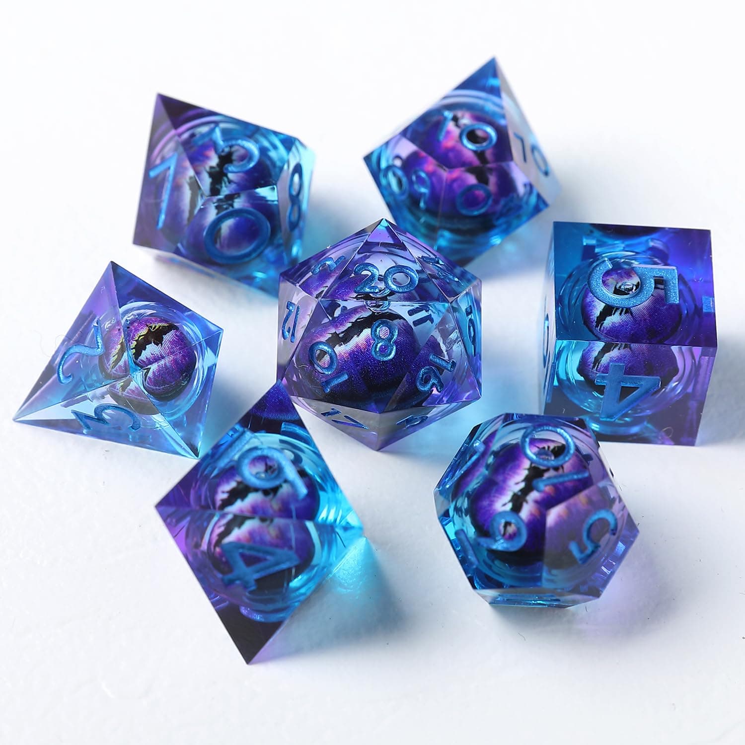 DND - Juego de dados flotantes de resina de ojo de dragón, 7 piezas, hechos a mano, dados D&D para calabozos poliédricos y dragones, Ttrpg, Pathfinder, RPG, DND, juego de rol con caja de regalo Eye-blue Purple