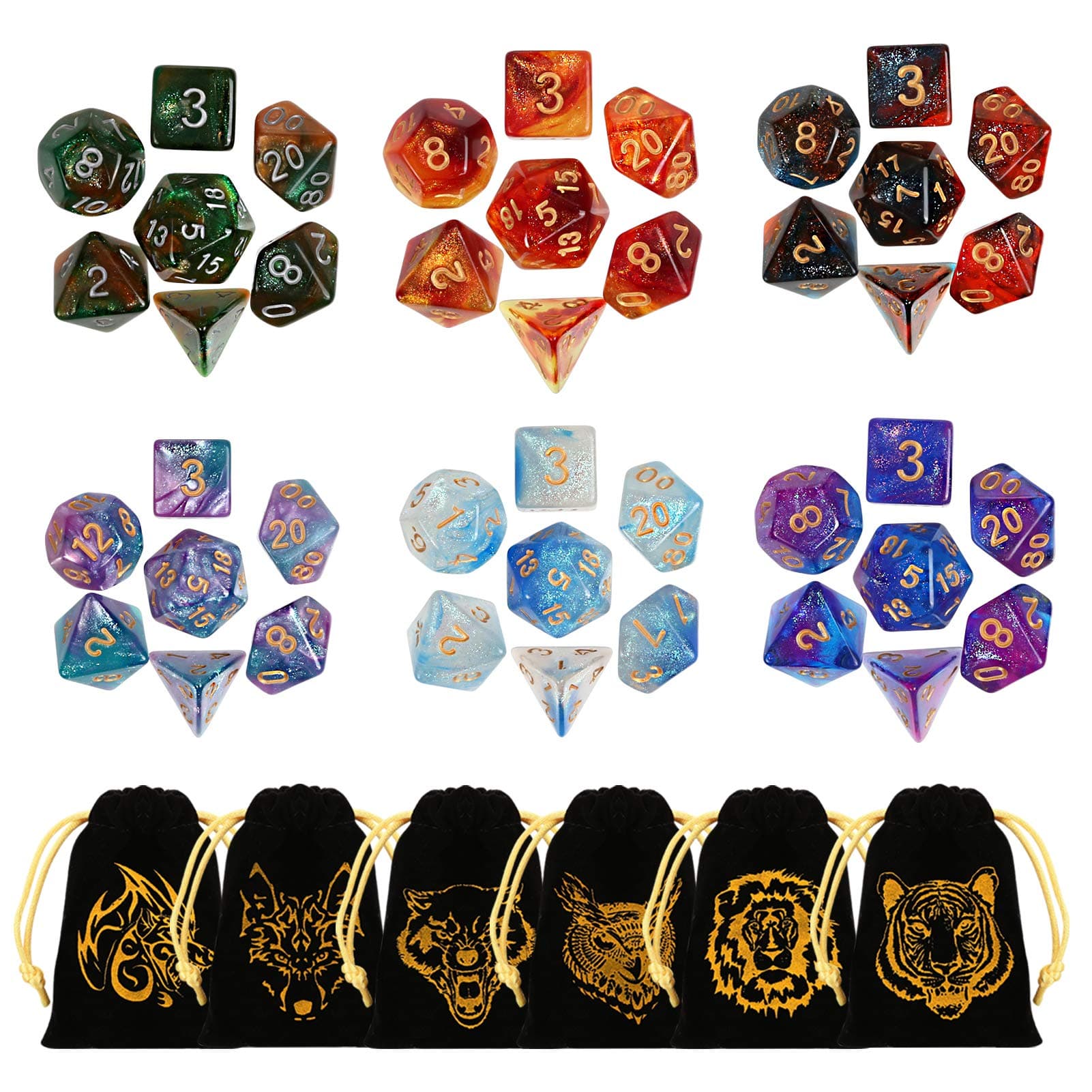 GWHOLE 6 Conjuntos Dados de rol（42 Piezas） Dado Poliédrico Professional para Juegos de Mesa, Dungeons y Dragons DND RPG MTG Juegos de rol con Bolsa Negra Portátil Color 1