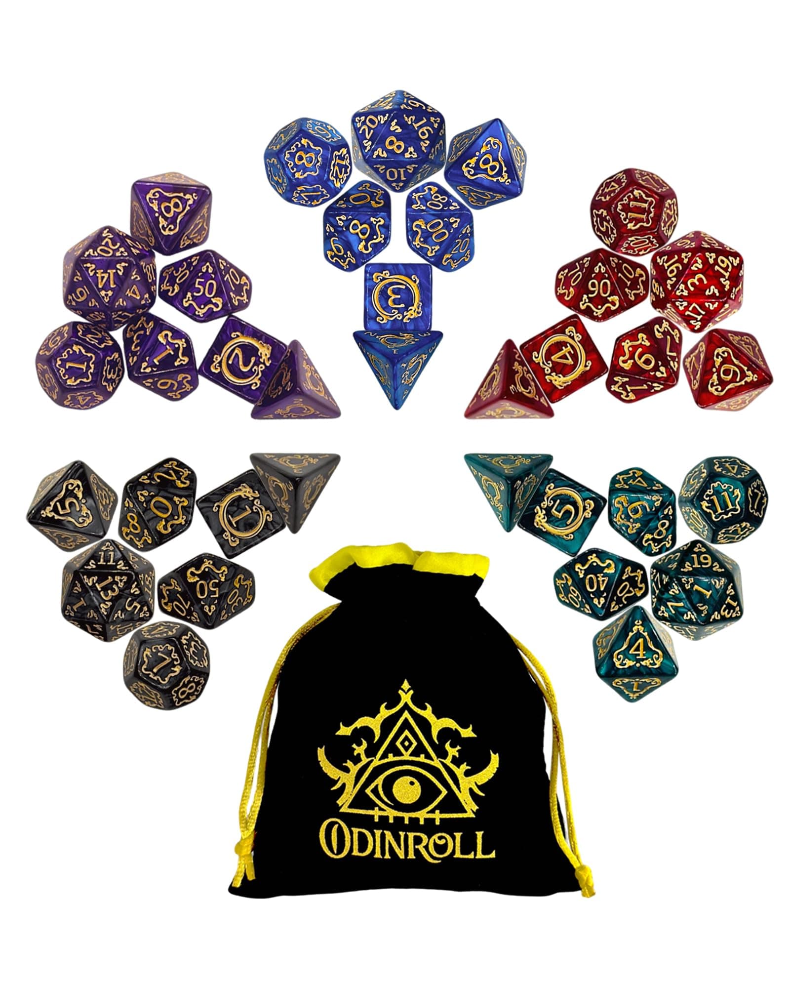 Juego de Dados Poliédricos, 35 Piezas - 5 Sets de Dados de rol con 1 Bolsa para Dungeons and Dragons D&D RPG MTG Juegos de Mesa, Incluye D20, D12, D8, D6, D4, D10 (0-9) y D10 (00-90) 5 Juegos (Dragón) con 1 Bolsa (Grande)